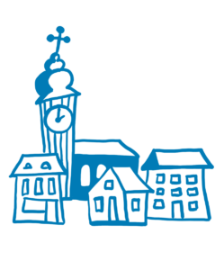 Illustration eines Ortskerns mit Häusern – Familienbetrieb und Nachfolge