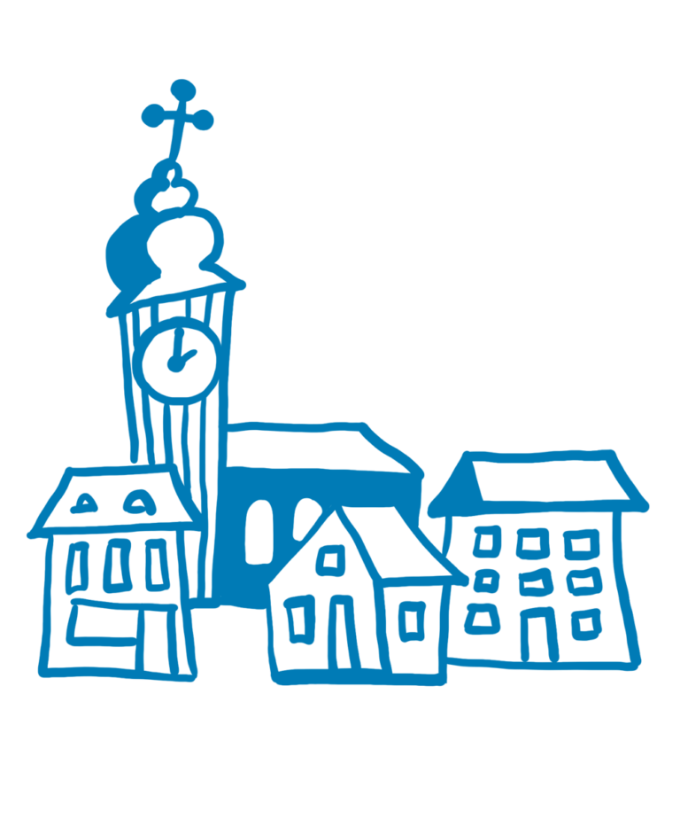Illustration eines Ortskerns mit Kirche und Häusern – Familienbetrieb über Generationen